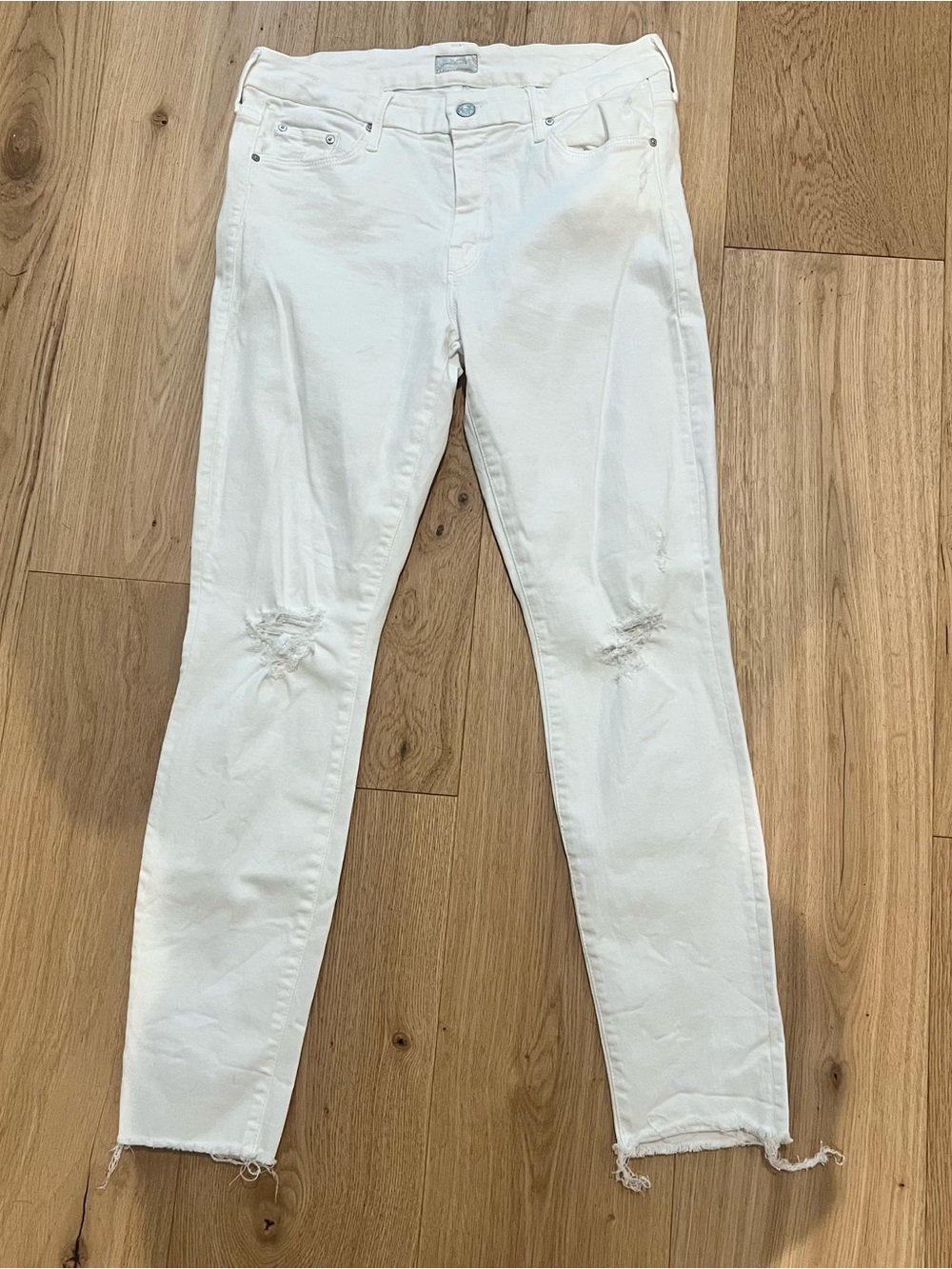 Mother The Looker Ankle Fray White Distressed Skinny Jeans